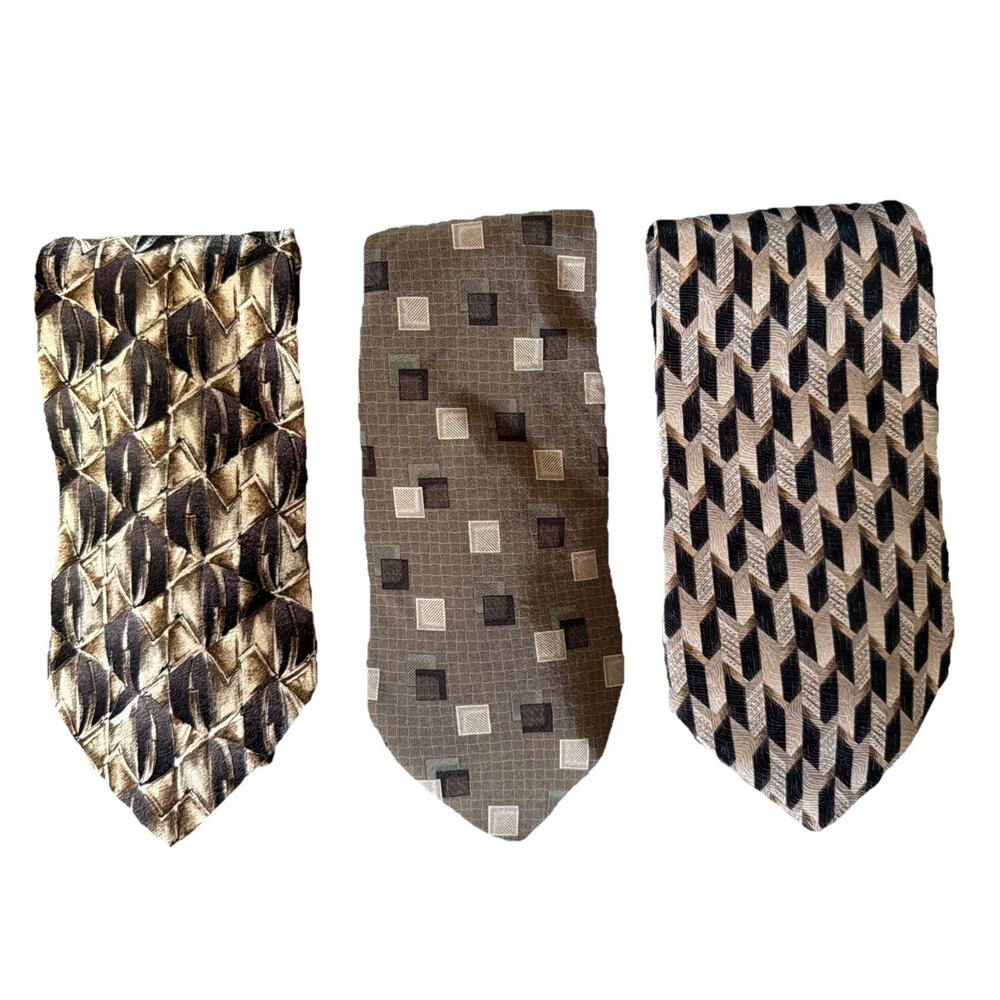 Pierre Cardin 3 Silk Ties Neckties Brown Black Classic Geometric USA Gift Lot